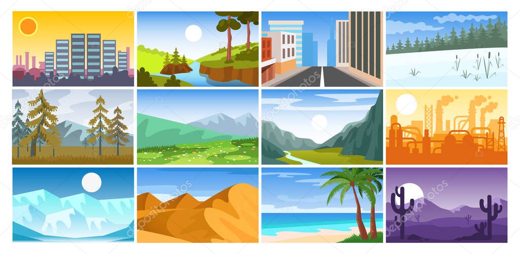Set of urban landscapes, nature, plant, forest space, city streets with road, winter forest, mountains, ice landscape with iceberg, factory buildings, desert, tropical beach silhouette template vector