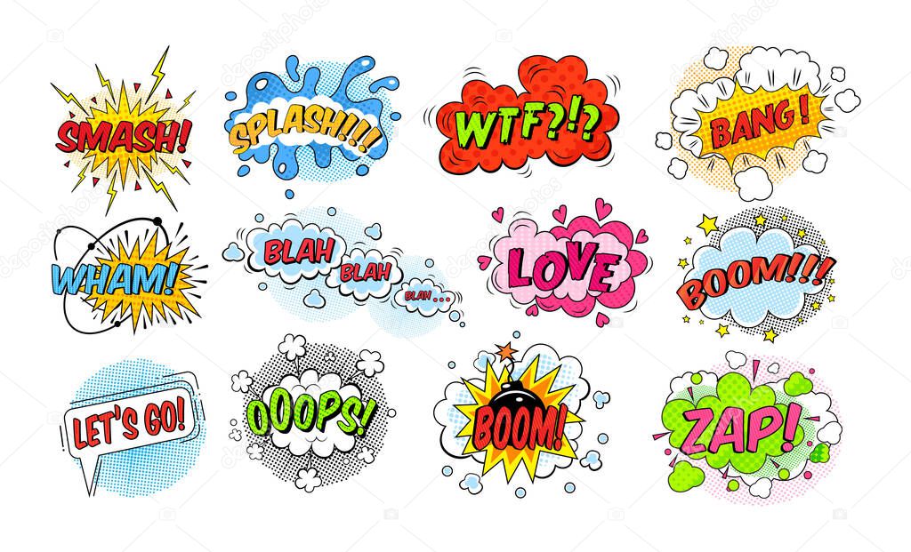 Comic speech bubble. Speech clouds with quotes, exclamations, , surprise, admiration, anger, sound effects pop art. Cartoon vector pattern with comic speech bubble, boom, burst clouds.