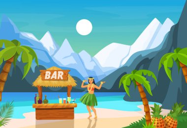Hawai partisi. Geleneksel yapraklardan yapılmış Hawaii 'li kız, plajda palmiye ağaçları arasında dans ediyor ve tiki bar yakınlarında tropik bitkiler yetiştiriyor. Tropikal Hawaii plaj partisi vektörü