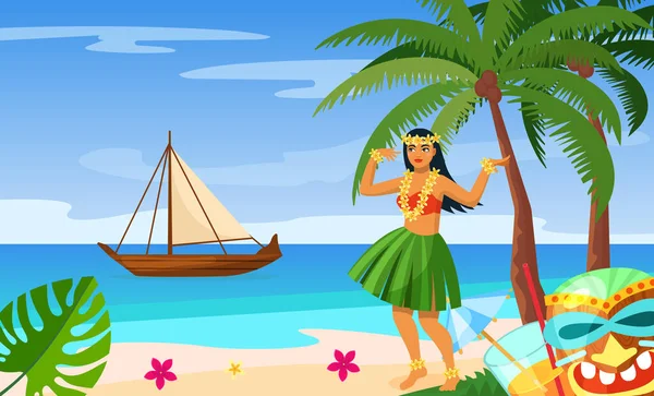 하와이안 나뭇잎으로 의상을 하와이안 소녀는 야자나무와 근처의 식물들과 해변에서 있었다 — 스톡 벡터