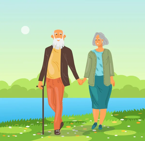 Starsza Kochająca Się Para Mężczyzna Kobieta Spacerują Parku Nad Jeziorem — Wektor stockowy