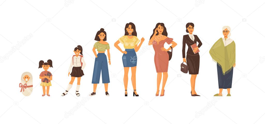 Woman life cycle in sequential order. Girl growing up from newborn baby to elderly. Baby, child, teenager, student, business people, adult and senior. The life cycle isolated vector