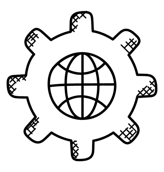 Ett Kugghjul Med Globe Inuti Den Doodle Ikonen För Global — Stock vektor