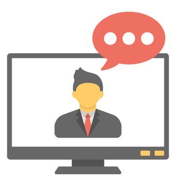 Monitör ekran kişi avatar kabarcık mesaj ile görüntülü arama uygulamasını temsil eder.