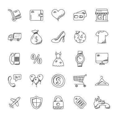 Doodle simgeler kümesi alışveriş 