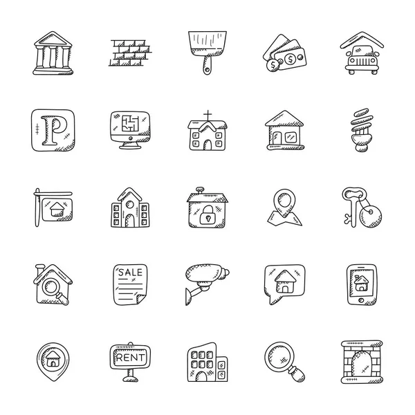 Doodle Iconos Bienes Raíces — Vector de stock