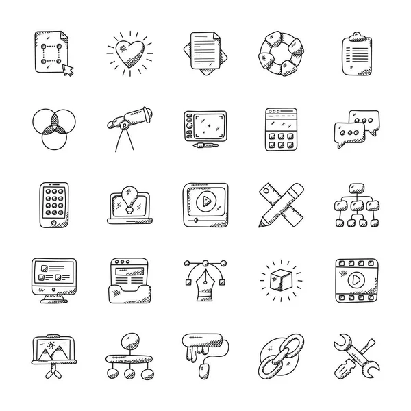 Diseño Web Desarrollo Doodle Iconos — Vector de stock