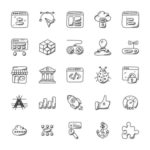 Web Design Sviluppo Icone Doodle — Vettoriale Stock
