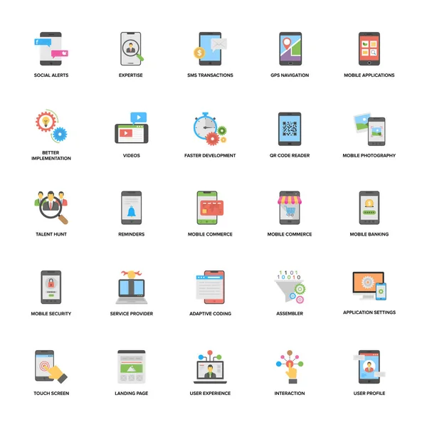 Conjunto Iconos Vectoriales Desarrollo Aplicaciones Web Móviles — Vector de stock