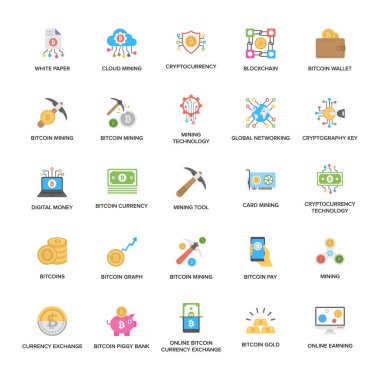 Bitcoin ve Cryptocurrency düz Icons Set 