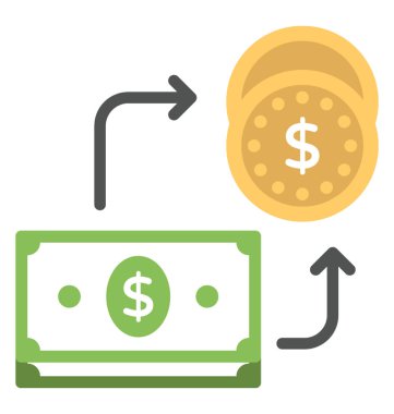 Sikke para ve kağıt para Satım temsil onlara iki yönlü oku ile.