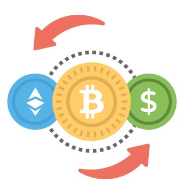 Three different flat currency signs along with reversible icons to empower the process of bitcoin exchange clipart