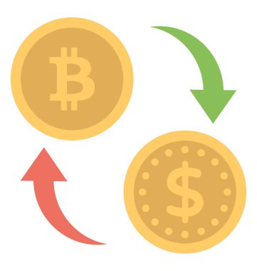 Bitcoin ve doları tersine çevrilebilir oklarla gösterilen bitcoin para değiştirici kavramı