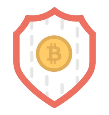 Bitcoin işareti içine alınmış olan virüsten koruma kalkanı ile bir simge bitcoin güvenlik fikri anlatıyor 