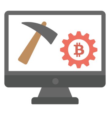 Masaüstü ekran incelemesi çekiç ve bitcoin görüntüleme-bir bitcoin incelemesi işlem kavramı düz simgesi vites  