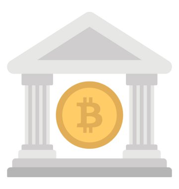Bitcoin ortasında, bitcoin ve banka simgesi için fikir veren sahip banka binası