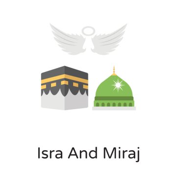 An angel flying over muslims religious building of mecca and madina is pictoring the idea of isra and miraj  clipart