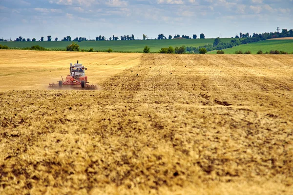 Tractor Plows Field Harvesting Wheat — Stock Photo, Image