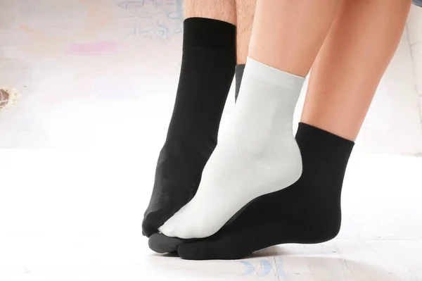 Feet Couple Man Girl Different Socks — Stock Photo, Image