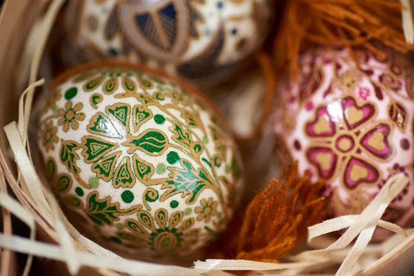 Easter Painted Eggs Traditional Ukrainian Straw — Stock Photo, Image