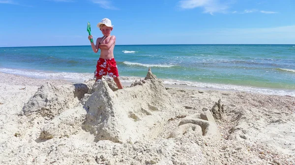 Little Boy Panama Built Sand Lock Beach Colored Shells — Fotografia de Stock