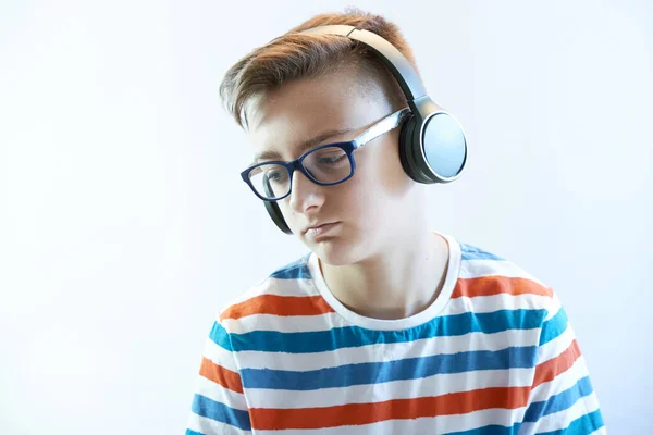 Sad Teen Boy Listens Music Headphones — Stock Photo, Image