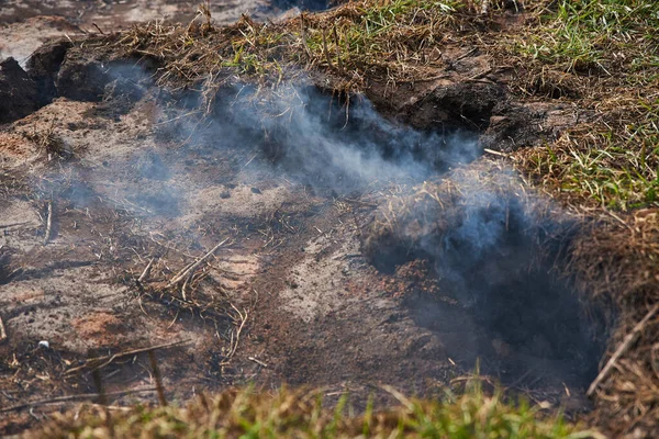 Peat Fields Burn Smolder Tarde — Fotografia de Stock
