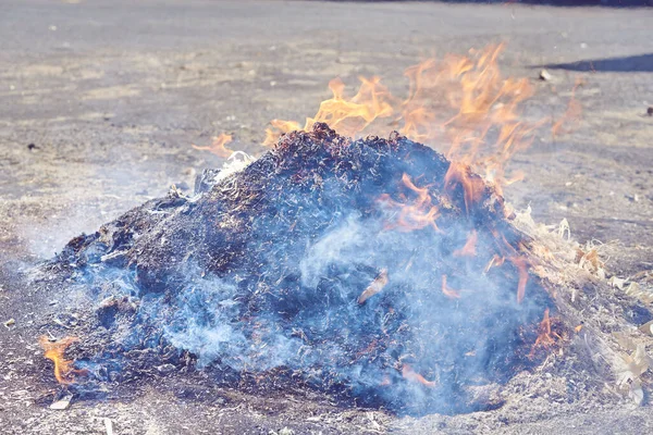 Burning Trash Heap Wood Sawdust — Stock Photo, Image