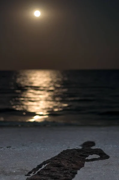 Shadow Man Beach Sea Moonlight Night Moon — Stock Photo, Image