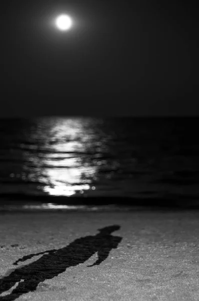 Stín Muže Pláži Moře Moonlight Noční Měsíc — Stock fotografie