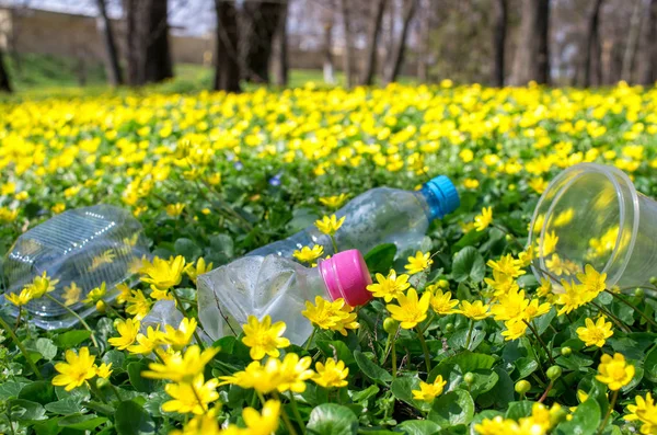 discarded plastic bottles and packaging in the grass of the park