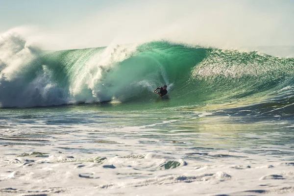 Surfer Rides Barrel Great Wave Breaks Lot Energy Power Sunlight — Stock Photo, Image