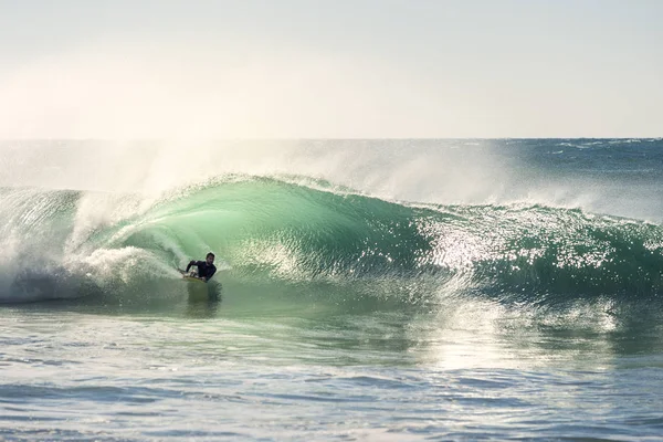 Man Surfing Rides Barrel Beautiful Wave Breaks Energy Power Sunlight — Stock Photo, Image