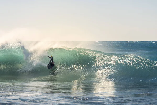 Man Surfing Rides Barrel Big Wave Breaks Energy Power Sunlight — Stock Photo, Image