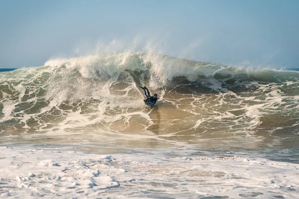 Man Slides Surfing Big Wave Rises Mountain Water Has Turquoise — Stock Photo, Image