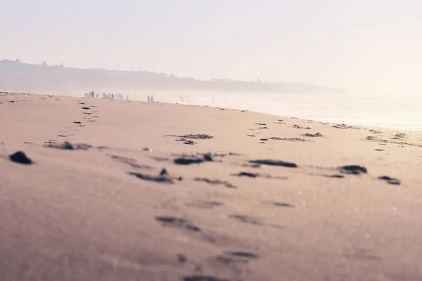 Orme nella sabbia della spiaggia ricoperta di nebbia — Foto Stock