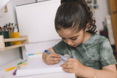 renk işaretleri ile evde çizim küçük kız