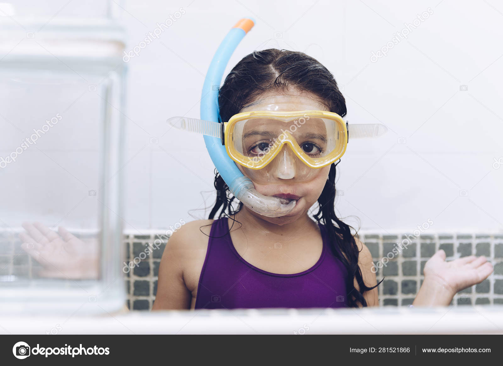 Little Girl Asking What With Snorkel In The Tub Stock