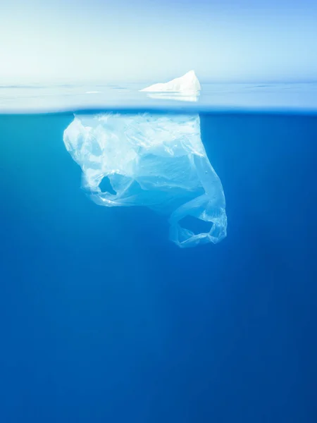 plastic bag floating underwater, iceberg metaphor