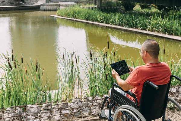 Mann im Rollstuhl schaut im Park auf sein Tablet — Stockfoto