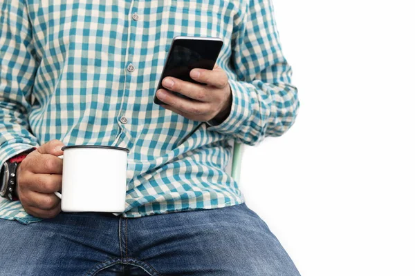 Front View Hands Man Cup Coffee Consulting Phone Communication Concept — Stock Photo, Image