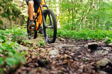 Orman yolunda hızlı giden dağ bisikleti süren tanınmamış bir bisikletçinin ön görüntüsü, spor anlayışı ve sağlıklı yaşam tarzı, metin için yer kopyalama