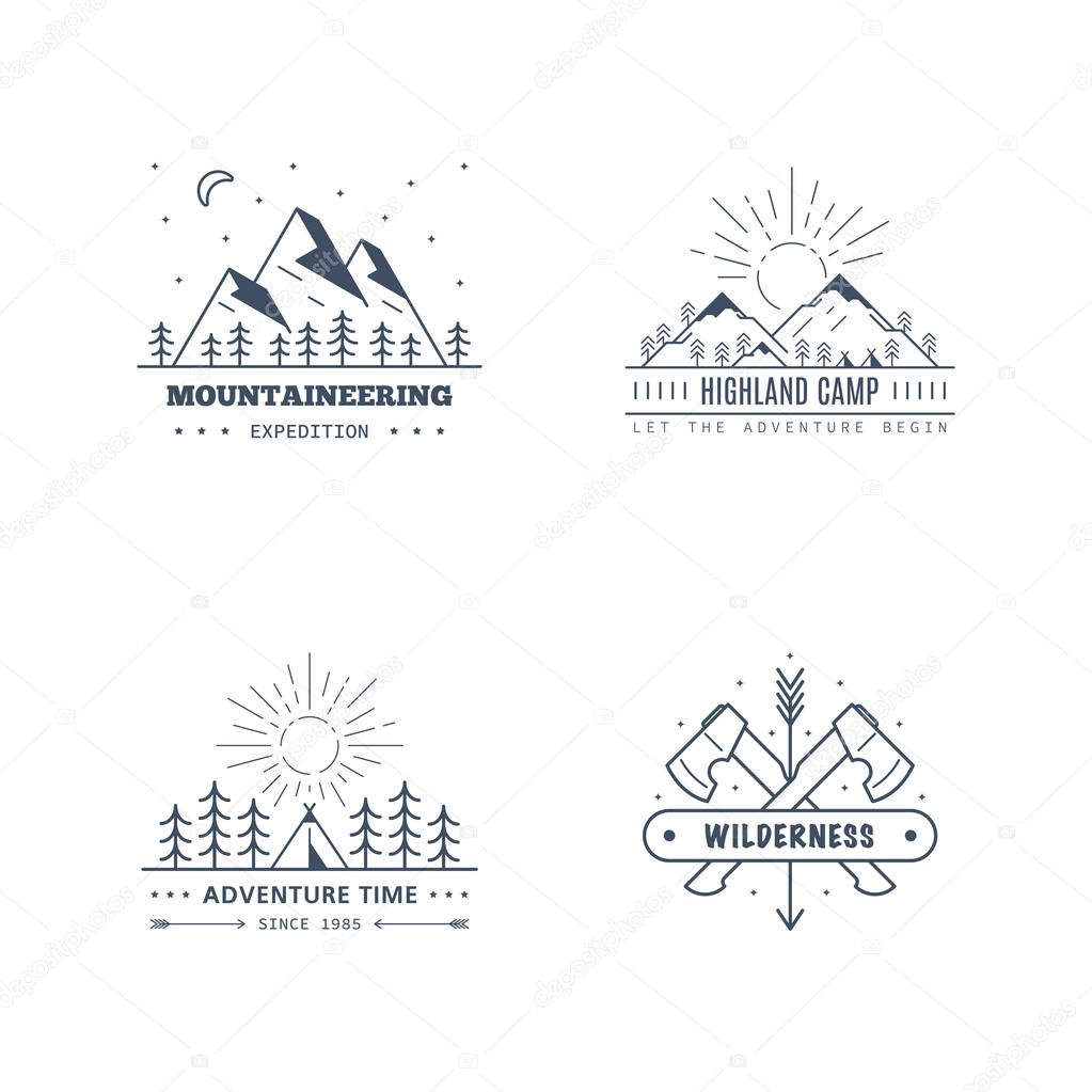 Set of badge design for outdoor activities. Line art illustration. Mountain expedition, outdoor camp, wilderness, nature adventure.