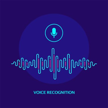 Ses tanıma sistemi kavram afiş. Mikrofon simgesi ile ses dalgası görüntüsü. Düz stil illüstrasyon.