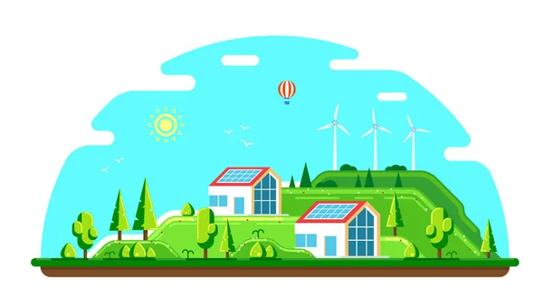 Megújuló energia környezetbarát település. — Stock Vector