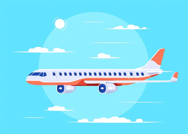 Airplane flying over the clouds, flat design — Stock Vector