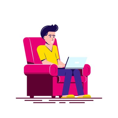 Genç adam dizüstü bilgisayarla çalışıyor, düz çizim.