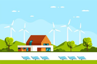 Modern Ev, Güneş Panelleri ve Rüzgar Türbinleri ile manzara. Eco House, Energy Efftive House, Green Energy konsept pankart tasarımı. Düz biçim vektör illüstrasyonu.