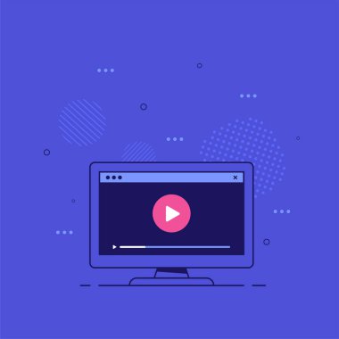 Ekranda video oynatıcı olan PC monitörü. Çevrimiçi video, filmler, eğitim materyalleri, web kursları. Düz biçim vektör illüstrasyonu