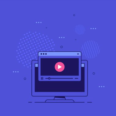 Ekranda video oynatıcı olan PC monitörü. Çevrimiçi video, filmler, eğitim materyalleri, web kursları. Düz biçim vektör illüstrasyonu